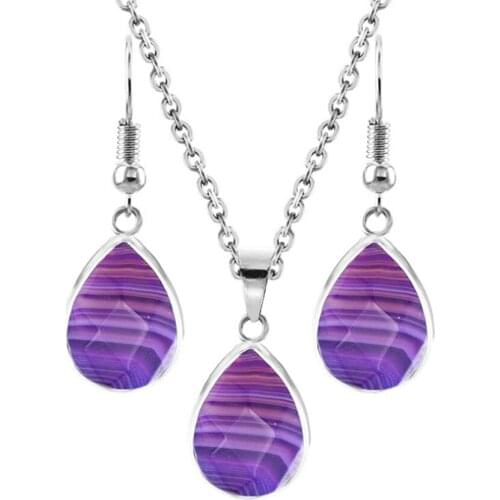 FYJS Unique Silver Plated Stripe Purple Agates Pendant Water Drop Necklace Earrings Ethnic Style Jewelry Sets