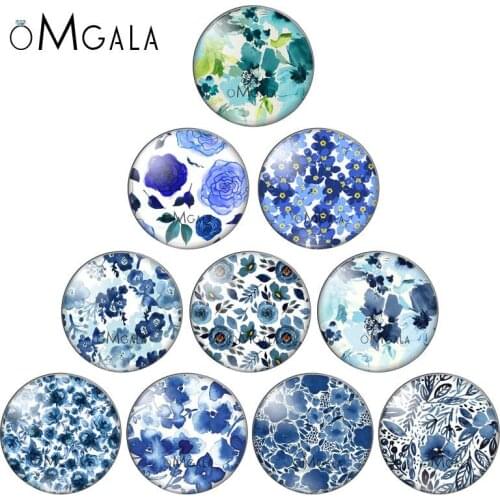 Blue Watercolor Flowers Paintings 10pcs 8mm/10mm12mm/18mm/20mm/25mm Round photo glass cabochon demo flat back Making findings