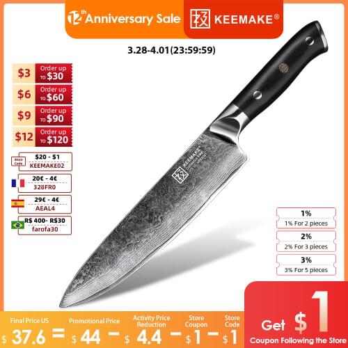KEEMAKE 8" Inch Chef Knife Japanese Damascus VG10 Steel Kitchen Knives G10 Handle Sharp Blade 60HRC Meat Slicer Cutting Tools