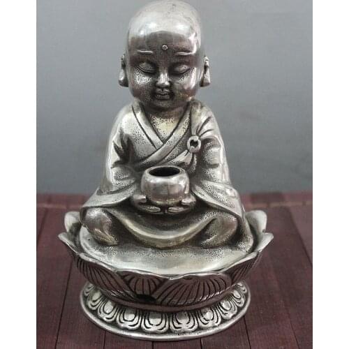 Plata China cobre budista monje Boddha estatua-decoración del hogar artículos de decoración de regalo manualidades de metal