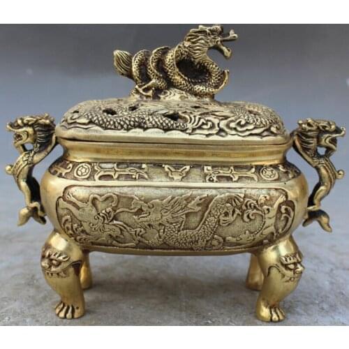 Collectible Antique Handmade Vivid Dragon Dog Lion Bronze Incense Burner Censer
