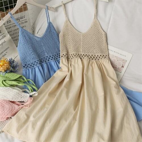 Summer Holiday Spaghetti Strap Dress Women Sleeveless Hollow Out Crochet Dress Bohemian Style Midi Dresses Beach Wear
