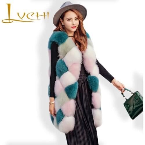 LVCHI Fashion Casual Women Fox Fur Vest Coat Winter Warm Finland Fox Fur Jacket O Neck Colorful Party Fur Fox Women Furs Vest