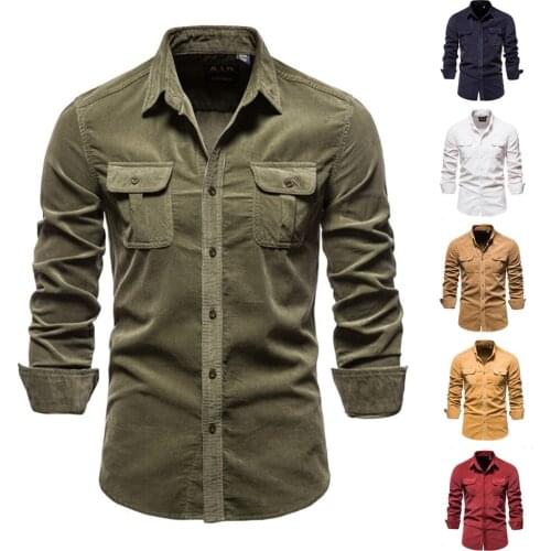 2020 Mens Shirts Fall Corduroy Multi-pocket Slim Single-breasted Longsleeve Shirt for Men Japanese Streetwear Harajuku Shirt