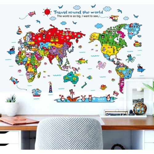Cartoon Animals World Map Wall Stickers For Kids Room Decoration PVC Vinyl Decal Paper Early Education Mural Art Posters Sticker