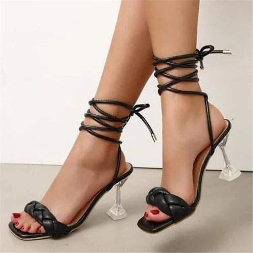 2021 New Summer Fashion Design Weave Women Sandals Transparent Strange Sexy Crystal High Heels Ladies Stilettos Square Toe Shoes