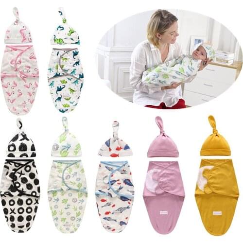 100% Cotton Newborn Swaddle Wrap Baby Parisarc Envelope Sleepsack Receiving Blanket 0-6 Months with Infant Hat Infant Accessory