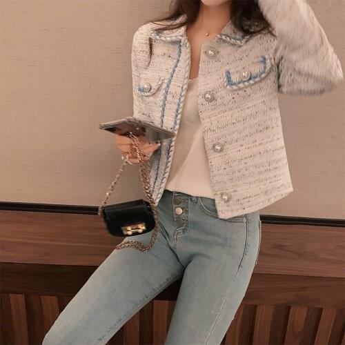 Women 2021 Fashion Pearl Buttons Tweed Cropped Blazer Coat Vintage Long Sleeve Pockets Female Outerwear Chic Tops