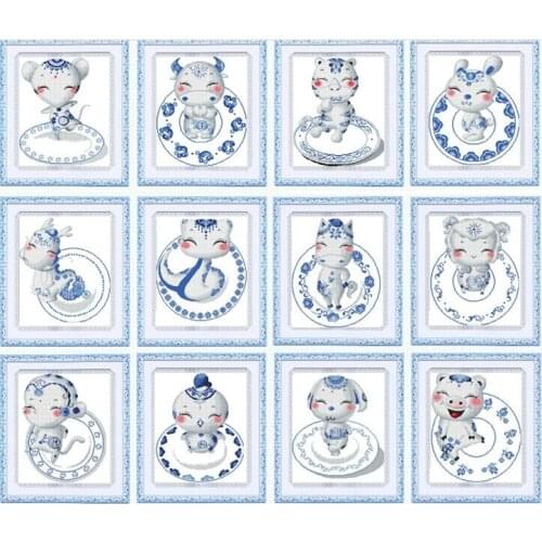 Embroidery Best Quality Total 12 Pieces Cross Stitch Kits Unopen New Luxurious Blue and White Porcelain Zodiac Twelve Animals