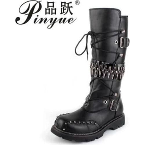 Punk Over Knee High Boots Mens Military Boots Natural Cow Leather Men Long Waterproof Snowboots Equestrian Motocycle Boots