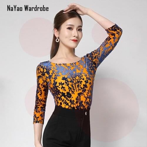 2021 New L2020217A Women Latin Dance T Shirt Half Sleeve Pattern Latin Dancing Tops for Samba Tango Chacha Belly Performamnce