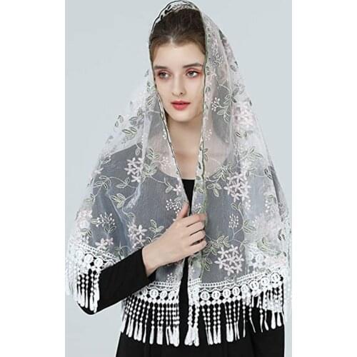 Women Veils for Church Catholic Embroidered Tulle Lace Head covering Headwrap Pink and Green Mantilla Veil Latin Mass D shape