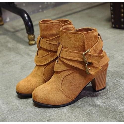 Size35-42 Buckle brown Suede Boots Women Black High Heel Ankle Boots Fashion Sexy Party Shoes Christmas Shoes for Women