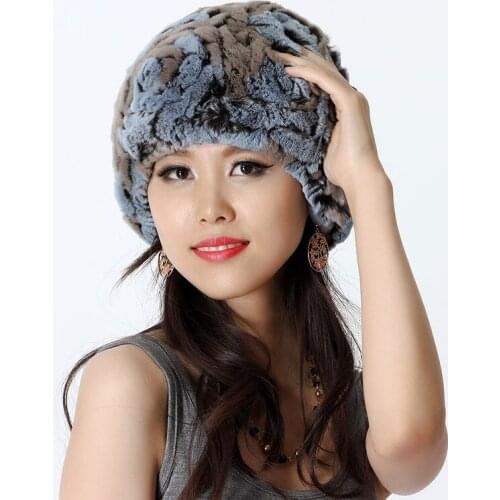 Handmade Winter Womens Real Genuine Knitted Rex Rabbit Fur Caps Female Fur Hats Lady Ear Protector VF0444