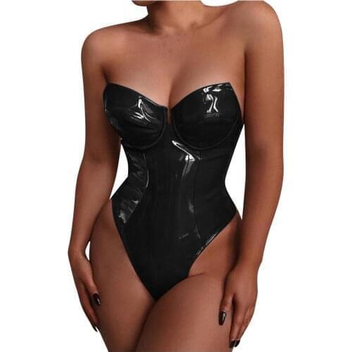Strapless PU Faux Leather Sexy Bodysuit Women Off Shoulder Skinny Summer Women Rompers Backless Women Jumpsuit erotic costume