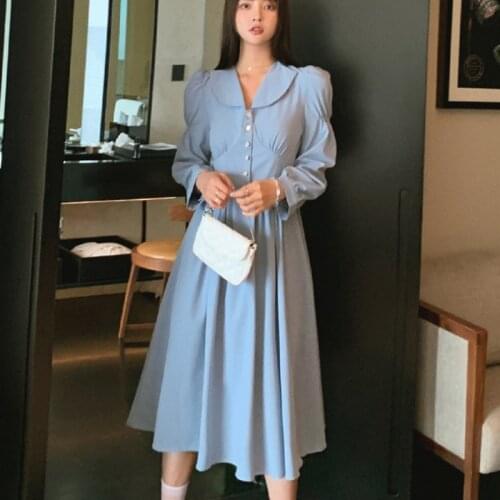 Vintage French High Waist Blue A-line Slim Long Dress Women Fashion Casual Vestidos Elegant Korean Office Lady Dress Sukienka