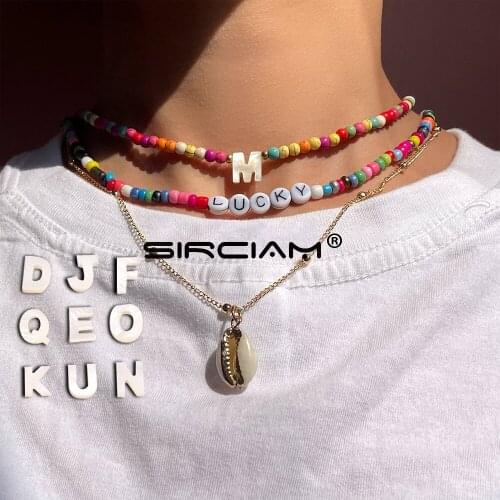 3 Pcs Shell Letter Turquoise Beaded Necklace For Women Rainbow Rice Bead Initial Name Choker LUCKY Personalized Gift Friendship