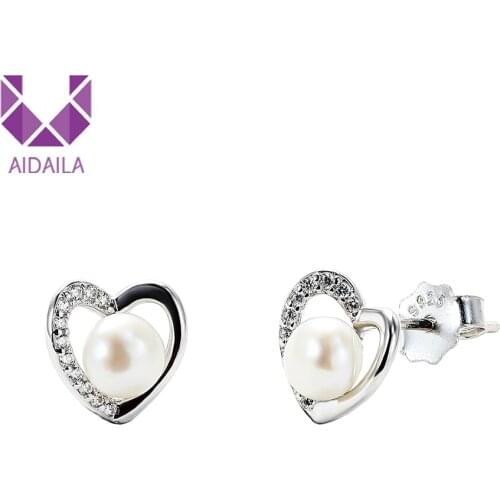 AIDAILA Stud Earrings 925 Sterling Silver with Pearl Heart Shape Cultured Elegance Stud Earrings Cultured Pearl Sterling Silver