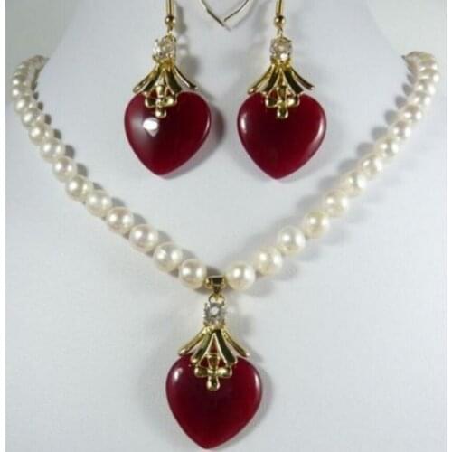 Free shipping charm 7-8mm white pearl necklace 17" red heart jade earring pendant