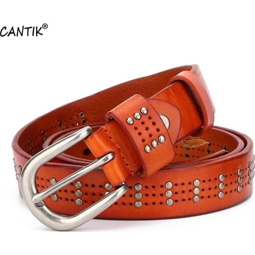CANTIK Ladies Top Quality Rivet Ring Decorative Cowhide Leather Belts Alloy Pin Buckle Accessories for Women 2.6cm Width FCA018