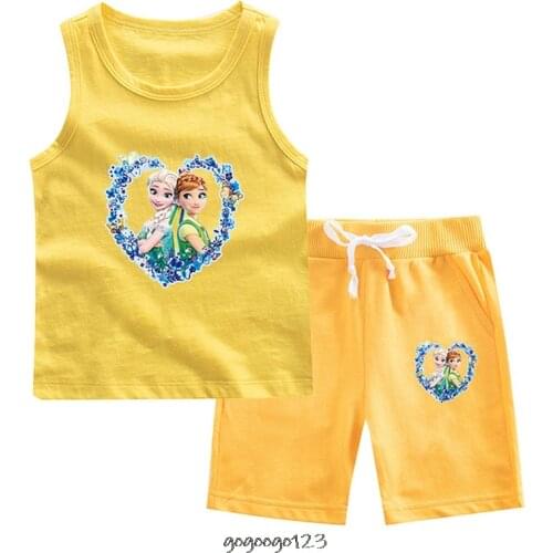 Disney Fashion Frozen Elsa Anna Clothes Kids Cotton Vest Short Pants 2pcs Sets Children Anime Print Outfit Girls Clothing Set