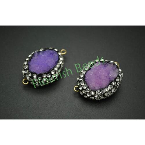 Two loops Purple Drusy Oval Shape Jewelry Connectors Paved crystal Beads Fashion Jewelry Accessories