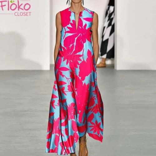 Flokoclsoet Summer V-Neck Sleeveless Bohemian Maxi Dresses Casual Print Sundress Beach Vintage Swing Party Long Dress