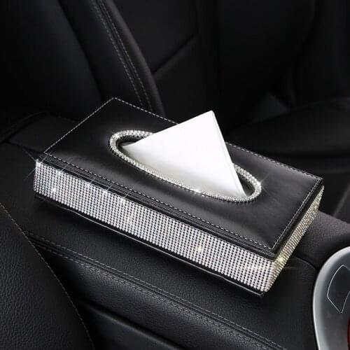 Crystal Rhinestone Car Tissue Case Box PU Leather Auto Armrest Box Block Type Paper Towel Storage Covers Bag Organizers
