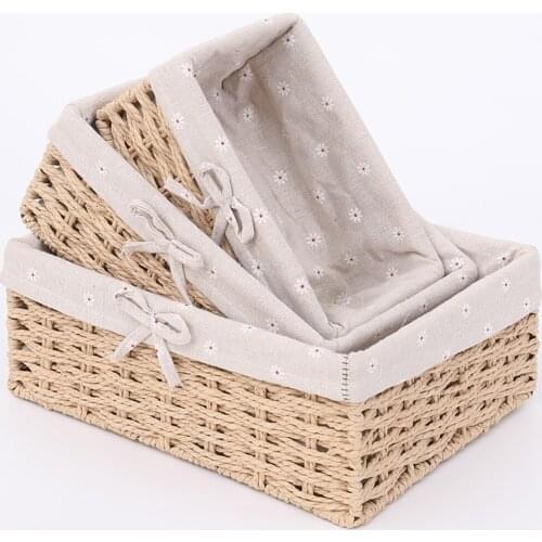 Brown Wicker Storage Basket Print Lining Toys Laundry Basket Xmas Gift Hamper Basket Woven Rattan Desktop Key Cosmetic Organizer