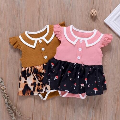 0-18M Summer Infant Baby Girls Romper Sweet Flying Sleeve Button Knitted Top Leopard Print A-line Dress Playsuit