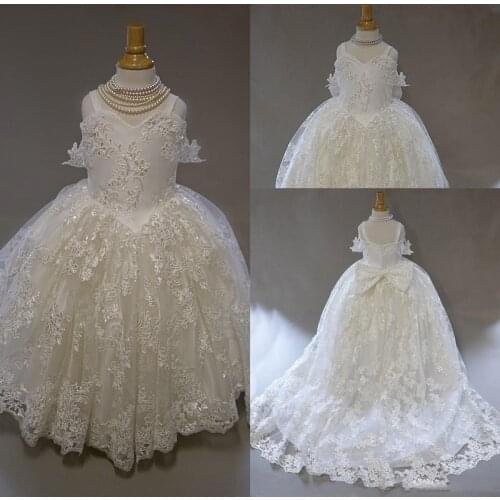 Flower Girl Dress Sweetheart Sleeveless Tulle Lace Applique Ruched Wedding Girl Dress Sweep Train Girls Birthday Party Gown