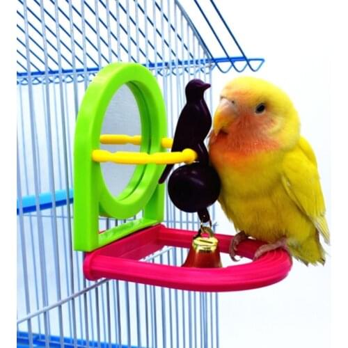 Bird Stand Perch with Mirror Parrot Plastic Standing Bar Rack Playstand Chewing Toy Birdcage Fun Platform