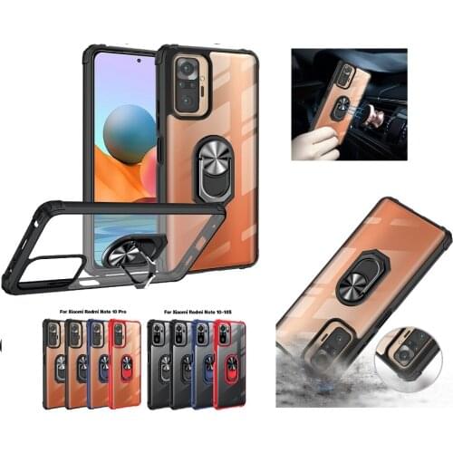 Shockproof Clear Case for Xiaomi Redmi Note 10 Pro 10S 4G Metal Ring Phone Stand Car Holder PC TPU Protective Back Cover Capa