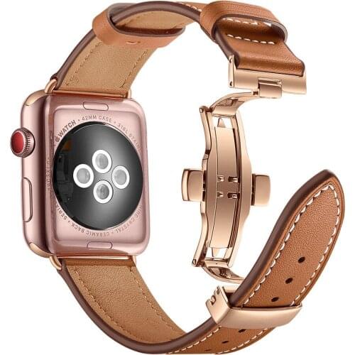 For Apple Watch Band 44mm 40mm 42mm 38mm Real Leather Strap Fashion Butterfly Metal Buckle Bracelet for iWatch Series SE/6/5/4/3