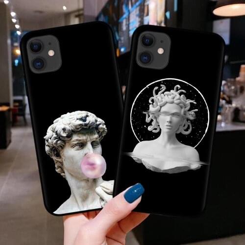 Luxury Cover For iPhone 12 Mini 11 Pro Max X XR XS Max 8 7 Plus 6 6S Phone Case Cartoon Statue Abstract Art Black Silicone Shell
