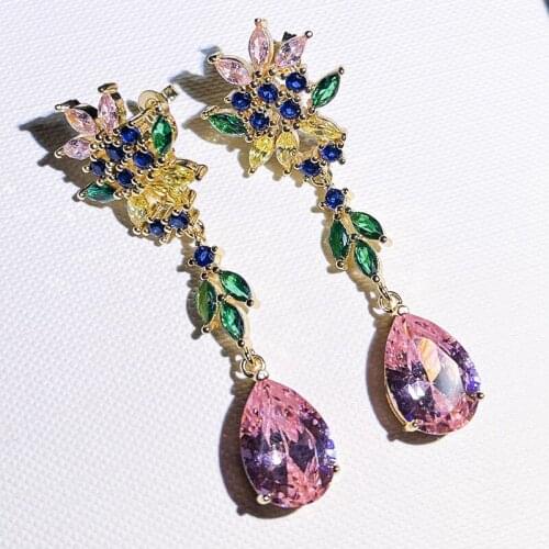 Luxury Colorful Zircon Flower Drop Earrings Charm Fashion Gold Jewelry For Women Wedding Engagement Anniversary Gift