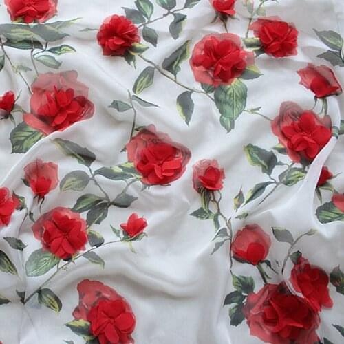 Floral Printed Chiffon Fabric With Three Dimensional Applique Flowers High End For Prom Wedding Dress DIY 50X150cm Tela