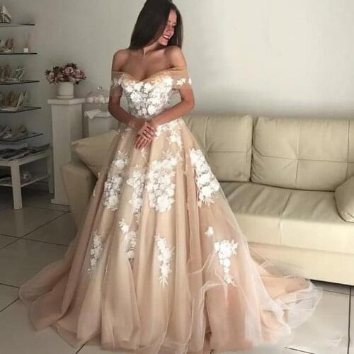 ANGELSBRIEP Sweetheart Champagne Wedding Dresses Vestido De Noiva Sexy Off-Shoulder Applique Formal Saudi Arabia Bride Dresses