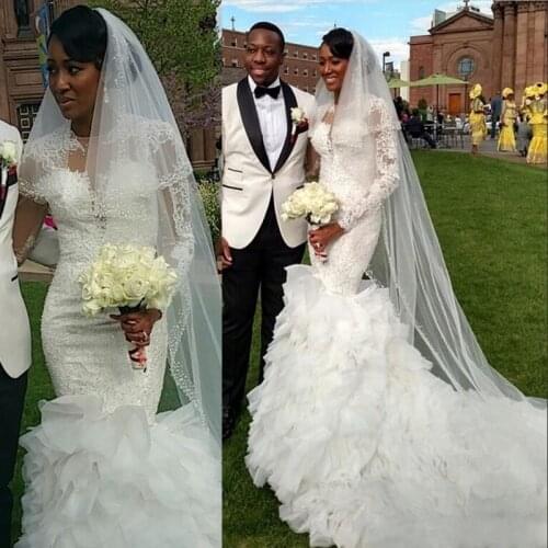 Mermaid Wedding Dress Jewel Neck Beads Lace Applique Long Sleeves Bridal Dress Fashion South Africa Wedding Dresses Cheap