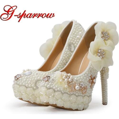 Crystal Bridal Wedding Shoes White Pearl Flower High Heel Platforms Bride Dress Shoes Banquet Ceremony Pumps Plus Size 11