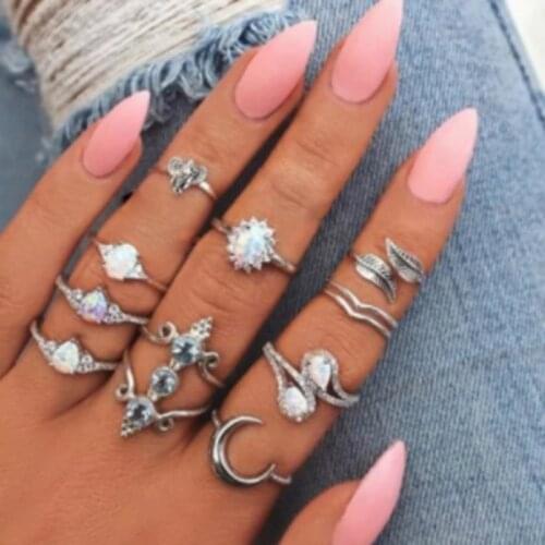 Tocona 12PC Womens Vintage Rings Set Boho Water Drop Elephant Leaf Ring Crystal Opal Joint Ring Set Jewelry Silver Color 8563