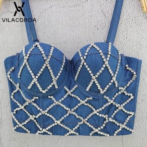 Crop Top Luxury Diamond Stitching Women Corset Cotton Blue Denim Tube Top Skinny Camis Sexy Backless Sling Camisoles Ladies