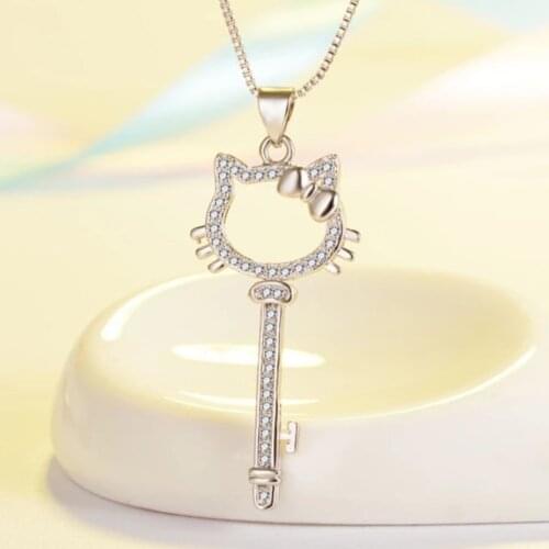 Japan and South Korea trend long sweater chain female Kitty cat pendant set with crystal zircon stainless steel products