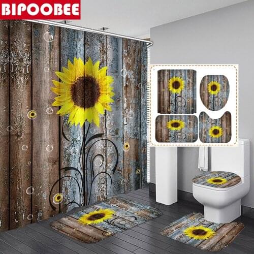 Sunflower Bathroom Curtains Floral Barn Wood Fabric Shower Curtain with Hooks Bath Mat Anti-slip Rugs Toilet Cover Home Decor