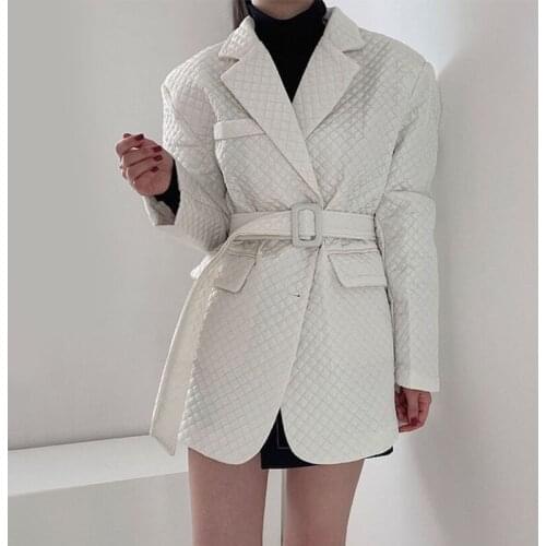 2021 Womens Autumn and Winter Jacket Geometric Three-dimensional Diamond Loose Suit Retro Lapel Lining Cotton Jacket with Belt