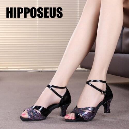 Hipposeus Women Dance Shoes Fo Ladies Girls Latin Ballroom Modern Dance shoes 3.5/5.5CM Sexy Mesh Sequins Sandals Dropshipping