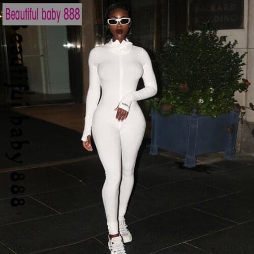 2020New autumn black white zipper jumpsuit women casual full sleeve pure fitness jumpsuit high collar slim Active Wear jumpsuits