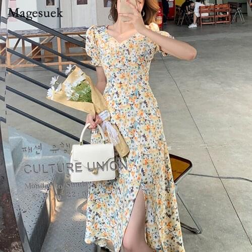 Vintage 2021 Sweet New Summer Women Chiffon Dress V-neck Printed A-word Short Sleeve Dress Slim Midi Dress Vestidos Robe 14889