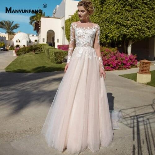 High-End O-Neck Full Sleeve Button Back Wedding Dress for Women Luxury Chapel Train Embroidery Appliques Tulle Bridal Ball Gown