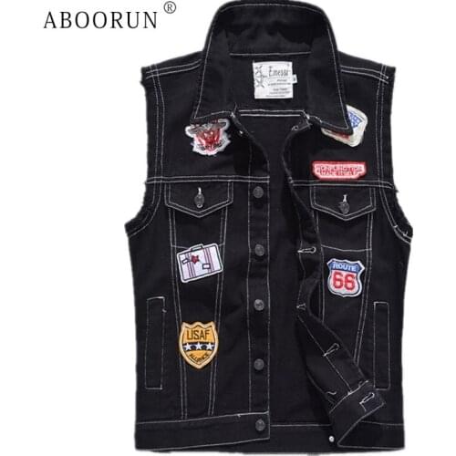 ABOORUN Mens Fashion Denim Vest Black Patches Waistcoat Plus Size 5XL Male Slim fit Sleeveless Jacket YC1341